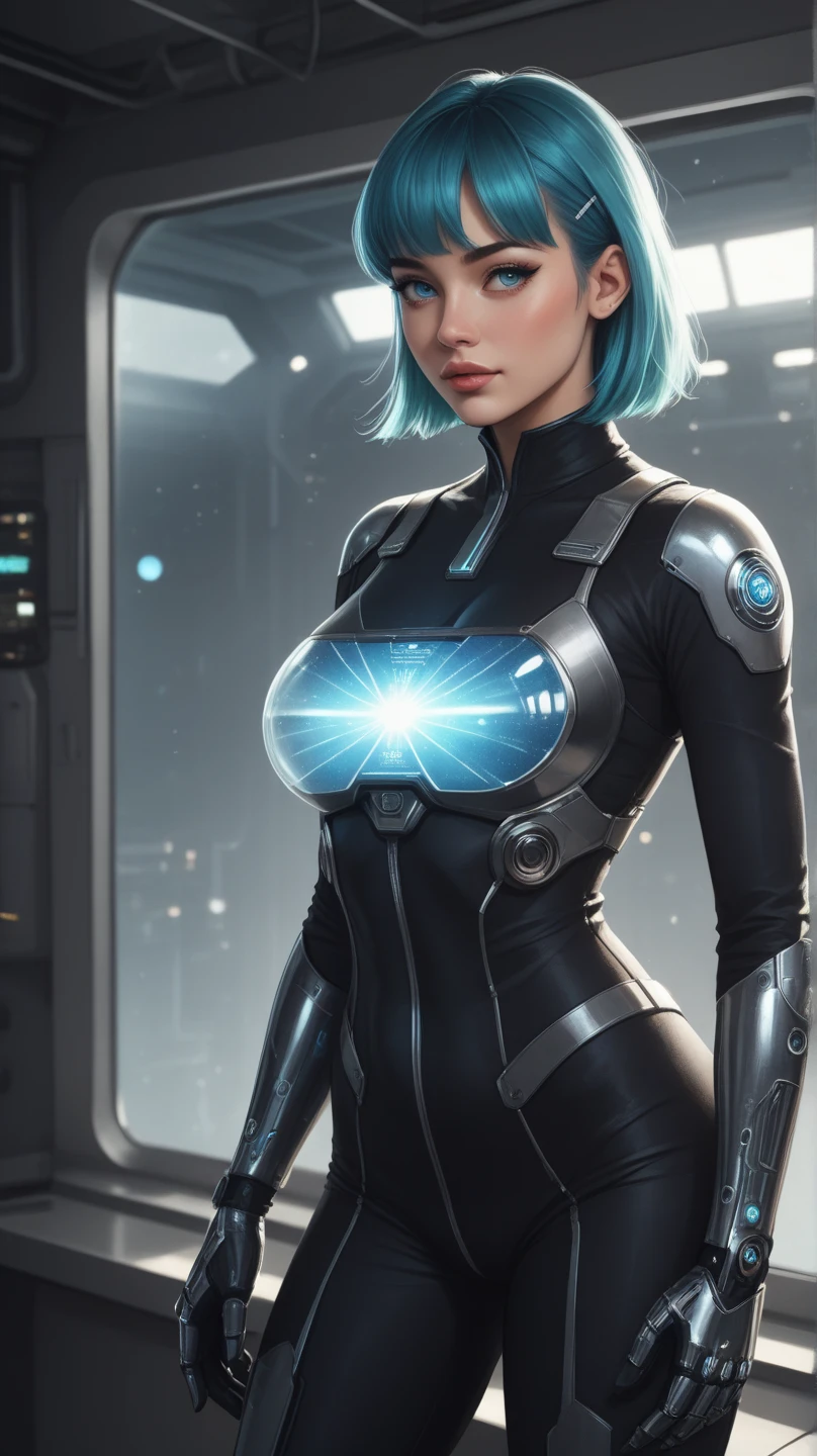 (best quality,8k:1.2,high resolution:1.2),ultra-detalhado,Realistic,science fiction female superhero,retro futurism,blue hair,belos olhos detalhados,beautiful detailed lips,olhos e rosto extremamente detalhados,long eyelashes,transparent silver latex Leotard,Apertado,red tights,Shiny Metal Accessories,fundo branco neutro,profissional,vivid colors,Physically-based rendering,foco nítido,studio lighting,artistas conceituais