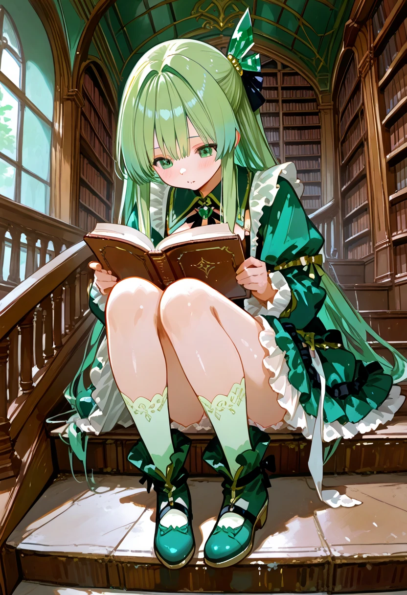 1 girl playing with a cat、emerald green hair、long hair、cute fantasy style frilly clothes、large and large library、wooden library 、((A fantasy library))、Stairs leading to the 2nd floor、reading spells、black tea
