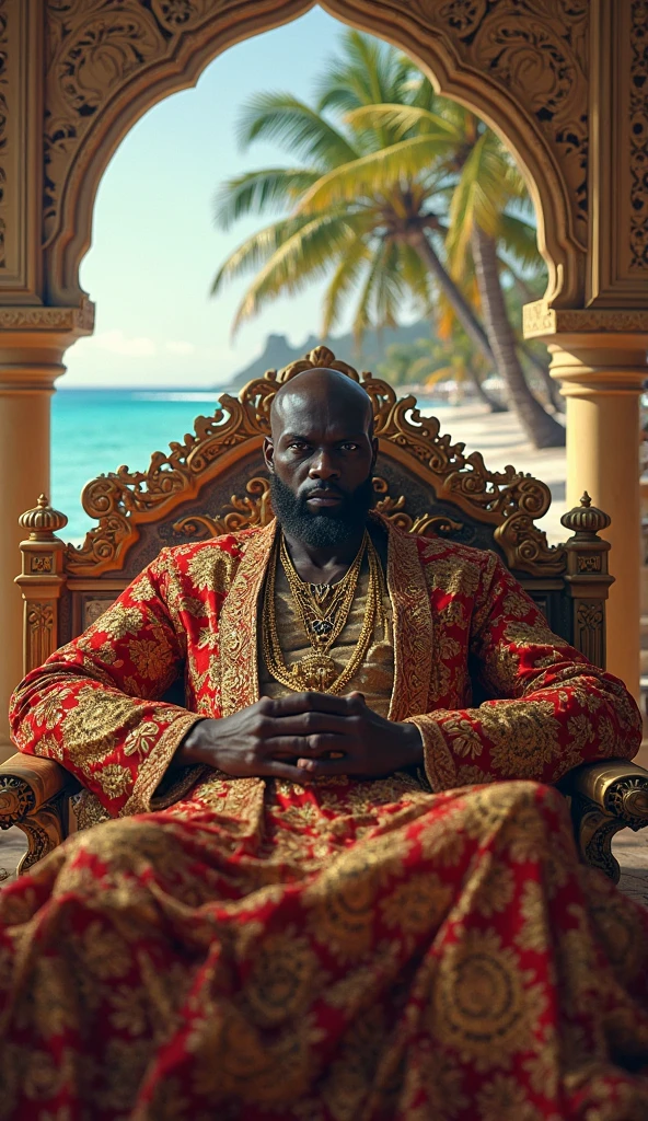 Forty year old black man, very elegant and sophisticated, strong athletic build, with a goatee, wearing jewelry and a modern bowler hat, shirtless in red dress shorts Italian loafer shoes in white with red and ruby stone details.
The initials DL are written on the hat band. The model is sitting on a throne with his legs slightly crossed.,holding a scepter studded with diamonds and gold, in the middle of the sea at dusk 