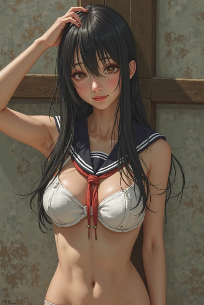 (8K、RAW photo、highest quality、masterpiece:1.2)、detailed background、beautiful and detailed face、beautiful and smooth skin、skin texture、professional lighting、cute girl,ponytail,(big breasts:1.2), wet white thin babydoll, white sailor collar、(big breasts:1.3)、sexual expression, panty shot, I can see through my clothes,Lying on the beach、emphasize the chest、Whole body gets wet、smile、Show 1'~ side、open your legs