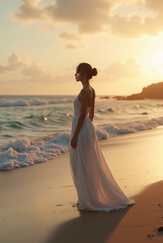 (masterpiece, best quality:1.2), Vertical photo with ultra wide-angle lens, an adult woman wearing a resort dress is walking on the sandy beach, her head is in the center of the screen, her feet are at the bottom of the screen, The sun is shining at the top of the screen, A row of palm trees can be seen in the distance, The shadows are created by correctly tracing the sunlight. photorealistic, photographic style,