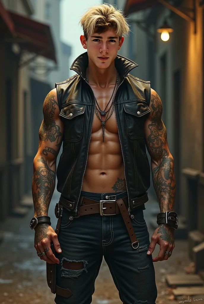 (((Full-length shot))),((Best quality)), ((masterpiece)),(detailed),muscular build.., wears an open black leather vest on a naked body.., black leather gloves,tight leather pants and heavy boots, He has the appearance of a punk rocker.Hyperrealistic close-up photo of an a Handsome Male, blue eyes,short вlondie hair,oppav3,(Photorealism: 1.4), Create dystopian masterpieces. Post-apocalyptic world. Pay attention to small details, sharp focus. The palms of the hands are clenched into fists.