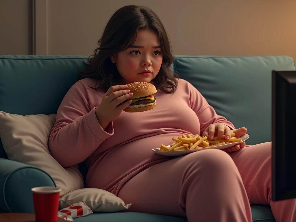 Women is chubby smoking cigarettes sitting on sofa