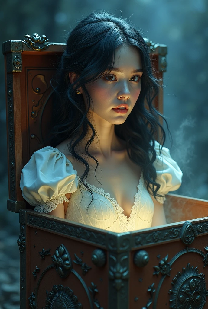 a woman with mystical looking wings, wearing a flowing and transparent dress, this woman sat on the edge of a window frame decorated with intricate carvings and two statues of angels, below the window, there was a pile of skulls and bones, adding a chilling contrast to the cool and cool atmosphere celestial above, the juxtaposition of these elements depicts the theme of life and death, or perhaps the transient nature of beauty and existence