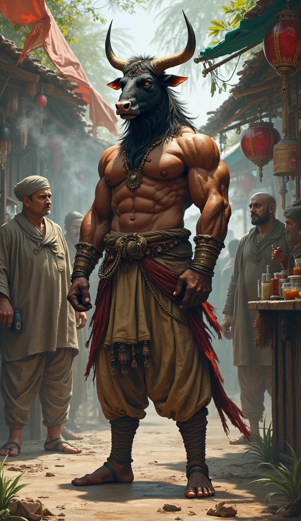 Humanoid Minotaur very tasty with sensual clothes with a sign written "offers".