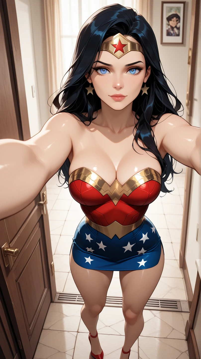 Best quality, masterpiece, high res, 8k, araffed woman cosplaying as a sluty wonderwoman is taking a selfie in a mirror, tumblr, tachisme, powerful and huge, nsfw huge breasts, big breasts, thicc, with a large breasts, thick neck, big breasts!, big breasts!!, extremely plump, with large breasts, busty, large breasts