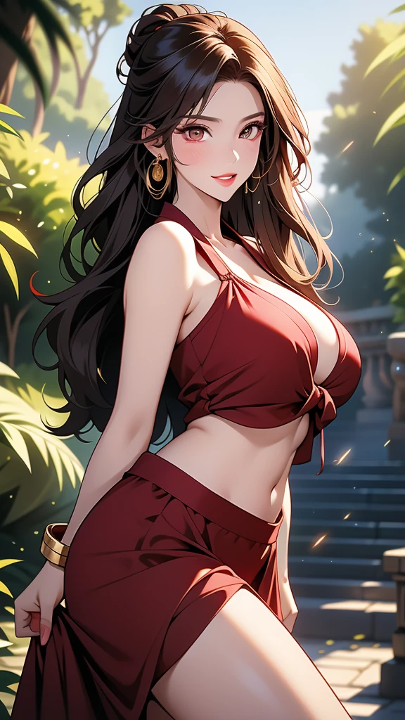 Highest Quality, masterpiece, beautifully detailed eyes, (dark skin), Beautiful russian woman with gigantic tits,wavy very long hair, bangs, dark red hair, green eyes, gagantic natural breasts, standing, makeup, glossy lips, full lips, garden, light smile, blush, sleeveless dress, collarbone, necklace, high heels, tiered skirt, layered skirt