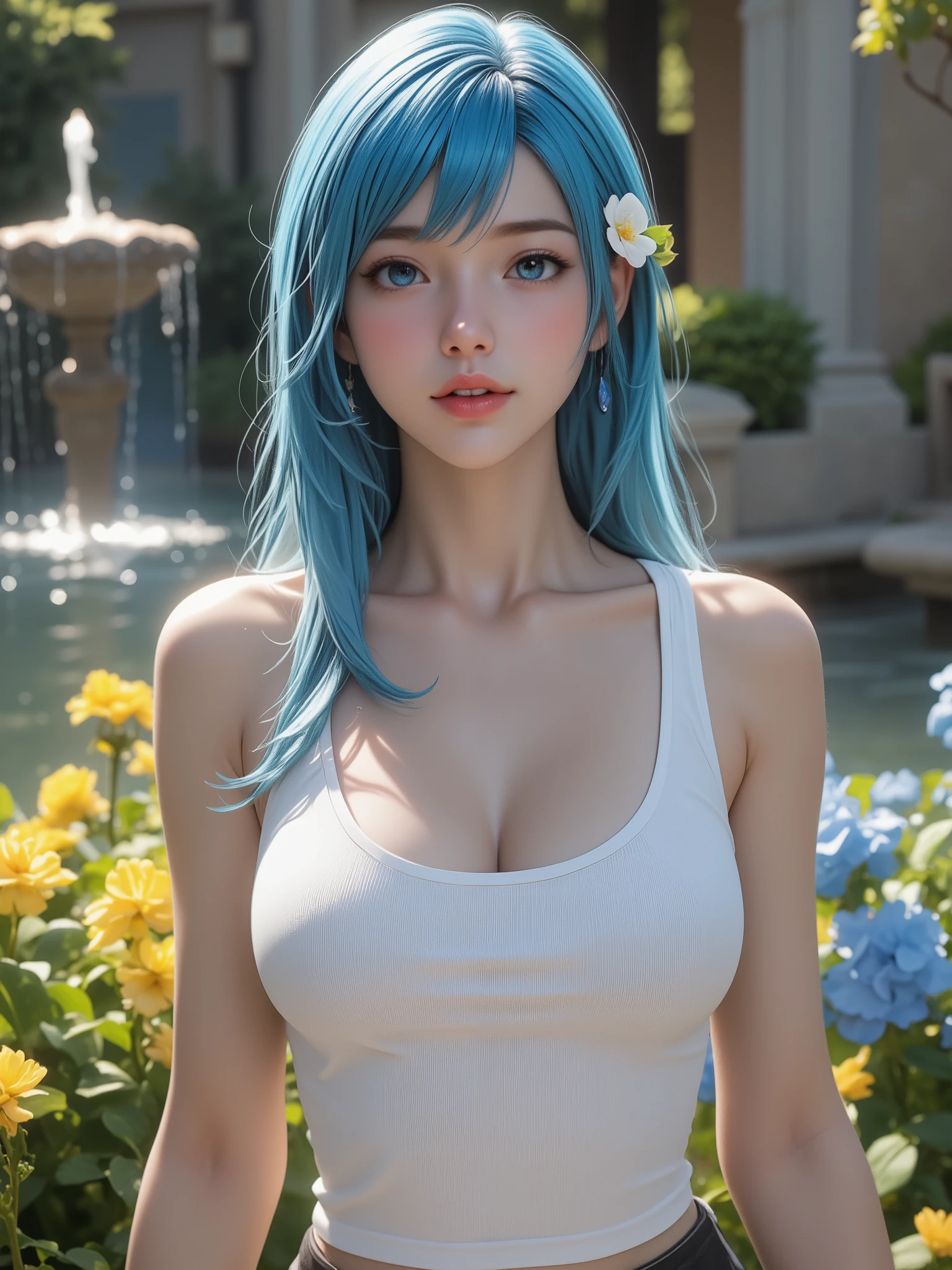 A woman with blue hair stands in front of a gracefully cascading waterfall. Her hair is styled long and sleek, adorned with a small white flower on the left side. She is wearing a fitted white tank top that complements her youthful and casual appearance. Surrounding her is a lush garden scene, with vibrant yellow and blue flowers in the foreground, adding a splash of color to the image. The background features an ornate stone fountain, with water droplets visibly suspended in air, creating a refreshing and serene atmosphere. Bright ambient lighting highlights the scene, suggesting a sunny day in an idyllic outdoor setting. The presence of greenery and water contributes to a peaceful and almost ethereal mood.