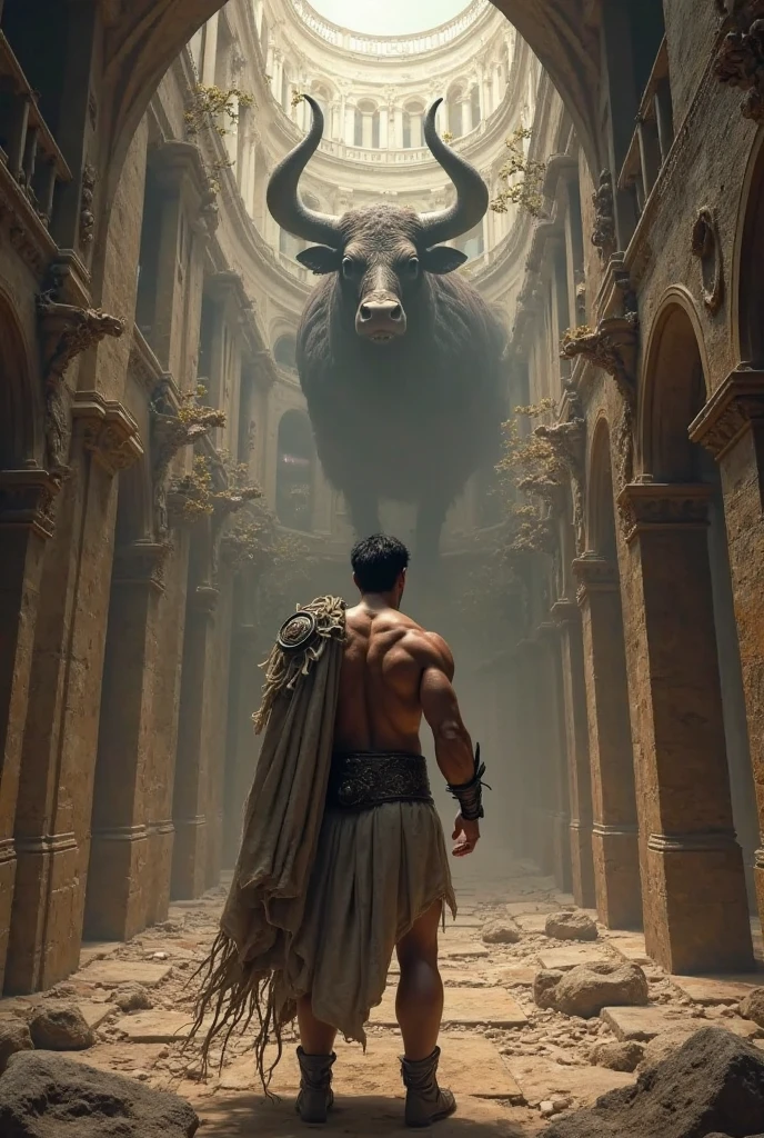 Theseus tired, sitting on the head of defeated minotaur (he is a half man half bull) with blood