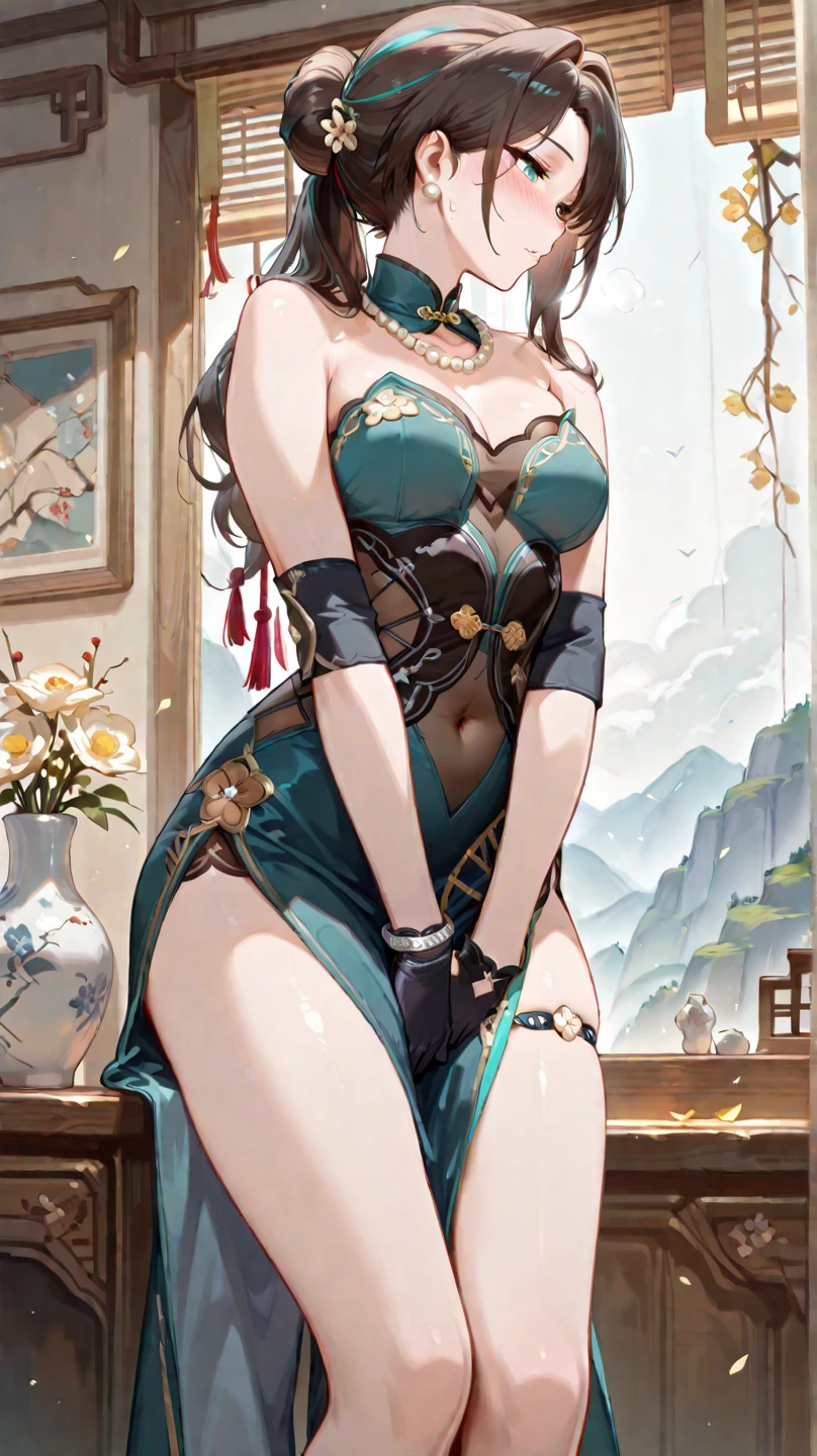 absurdres, RAW photo, extremely delicate and beautiful, masterpiece, Best Quality, ultra high resolution, 32k, hyperrealistic, ultra-detailed, delicate facial features, beautiful detailed woman, tearful mole, earring, medium breasts, full body shot, medium hair, black hair, Dunhuang Apsaras costume, Dunhuang style,
