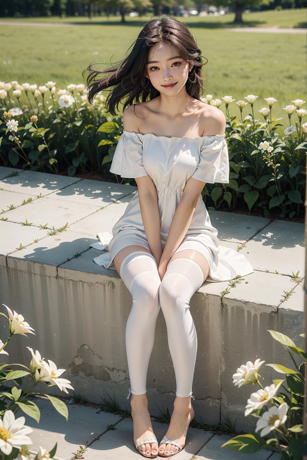 ulzzang-6500-v1.1, (RAW photo:1.2), (Photoreal), beautiful detailed girl, (See-through:1.3), (genuine: 1.4), very detailed目と顔, beautiful and detailed eyes, elegant long dress、(very kind smile:1.2)、Sitting on a garden bench、(super realistic pantyhose:1.3), huge file size, High resolution, very detailed, highest quality, [masterpiece:1.6], enlightenment, very detailed, nffsw, finely, highest quality, 8k wallpaper, movie lighting, 1 girl, 17 years old, perfect body shape, cute droopy eyes、beautiful big eyes、 ((muste piece)), highest quality, 1 girl, eye shadow, Upper body, portrait, ((full body shot:1.5))、