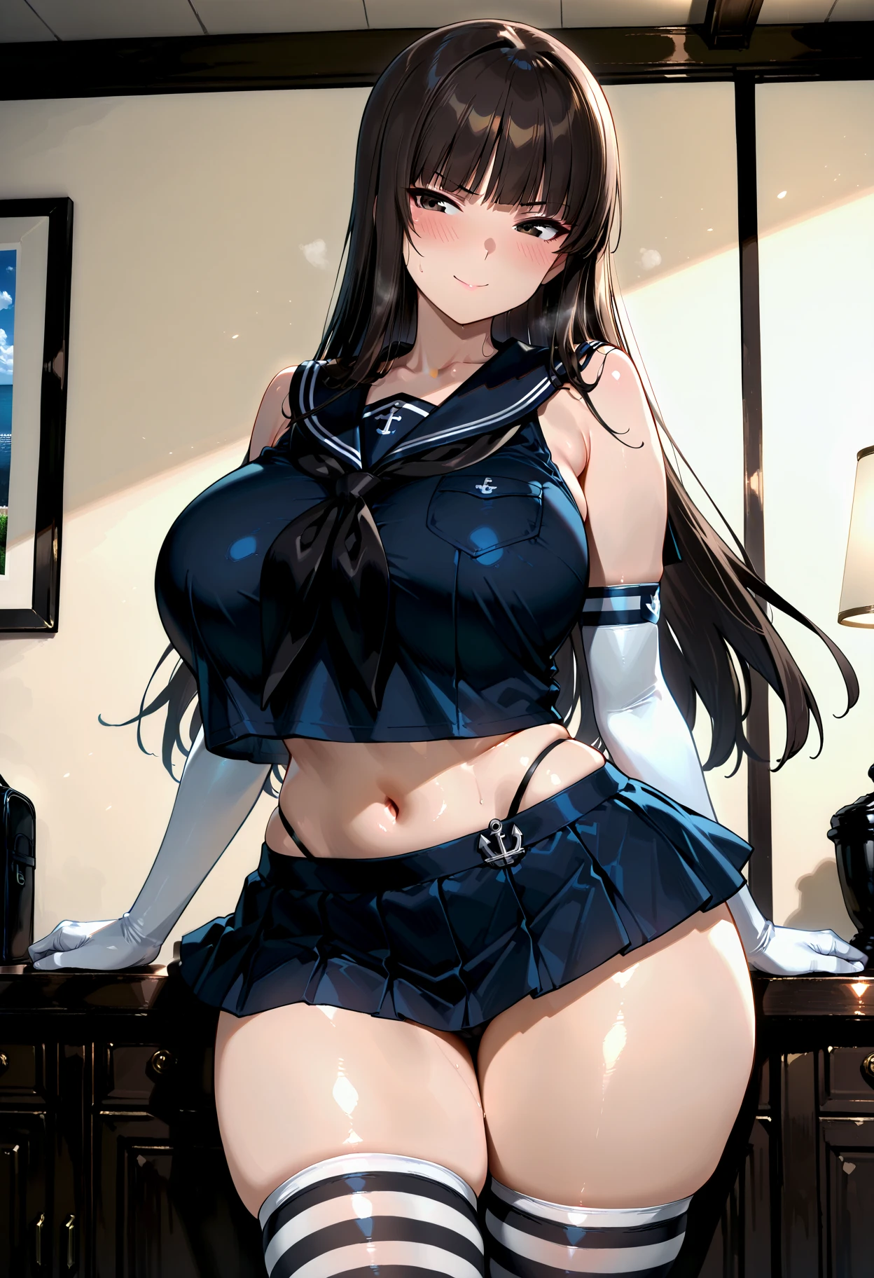 masterpiece, highest quality, Disorganized, Perfect Anatomy, Kaede Joanne Nouvel, Long Hair, smiling , (((busty))), ,1girl, large breasts , sensual body, Her cheeks flushed, vaginal secretions , black hair, micro bikini , , swim suit , beach ,