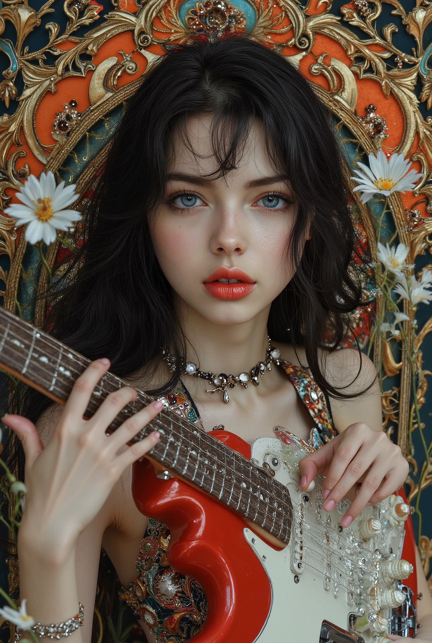 ((最高品質)), ((masterpiece)), ( 詳細),female , 　,30yers old, beauty, information(masterpiece, Best Quality, bst quality, Official Art, beautiful and aesthetic :1.2), ( 1 girl), Extremely Detailed ,( Fractal Art :1.3),colorful, Best details, white flowers, 　Floral frame， Decorative panel， Alphonse Mucha , black Hair, blue Eyes 、zodiac,　Elegance, clear, Elegant, playing a fender electric guitar , slim legs, super low angle, no over number of fingers, 5fingers on one hand,