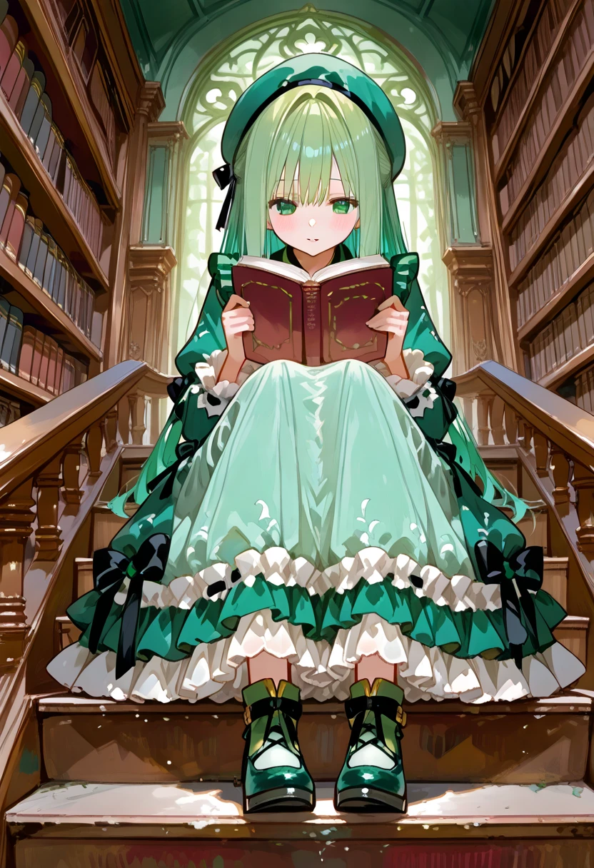 1 girl playing with a cat、emerald green hair、long hair、cute fantasy style frilly clothes、large and large library、wooden library 、((A fantasy library))、Stairs in the background、reading spells、black tea