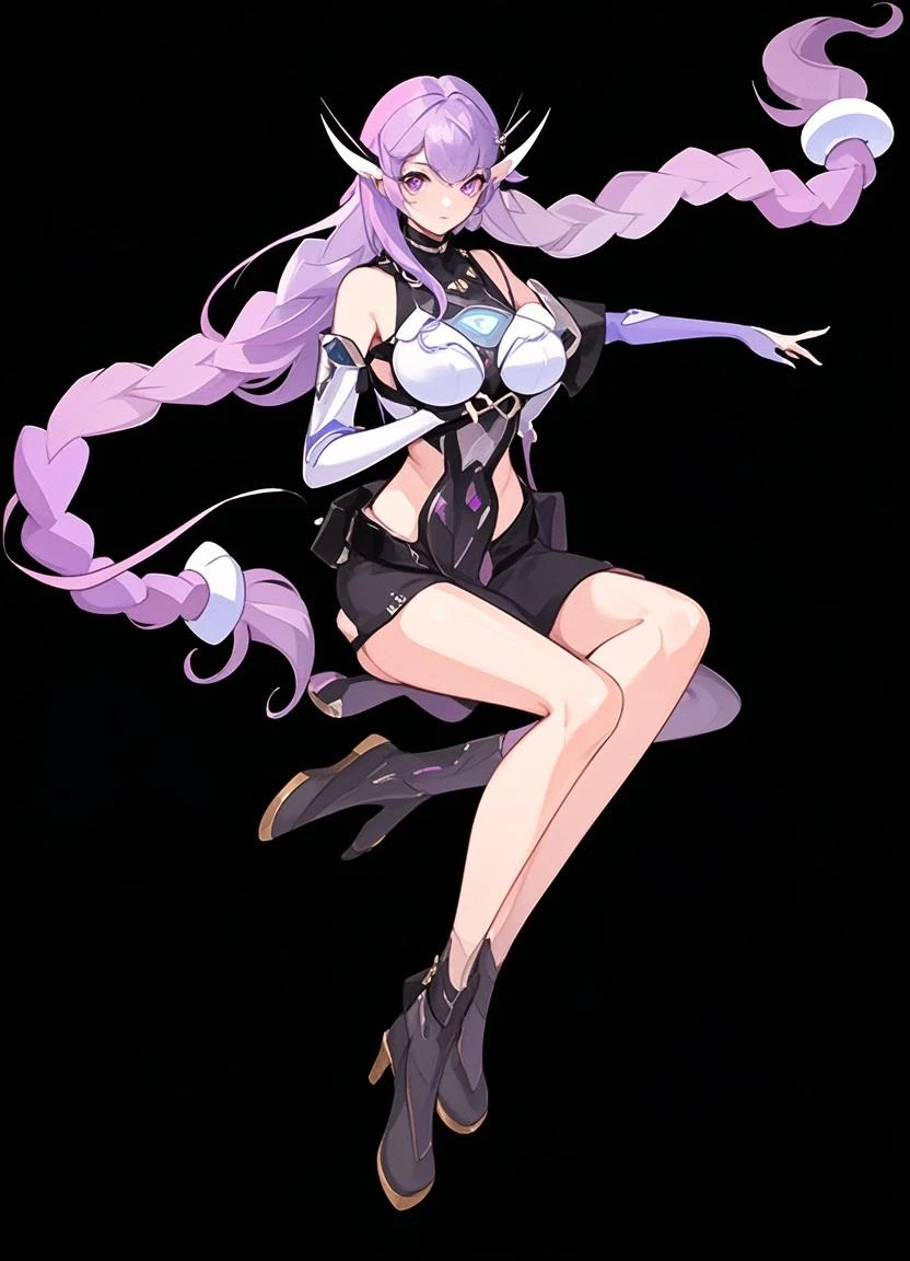 cryptic_g,gloves,looking at viewer,purple eyes,simple background,white background，cryptic_g,1girl,bare shoulders,braid,elbow gloves,gloves,long hair,purple eyes,solo,thighhighs,twin braids,very long hair