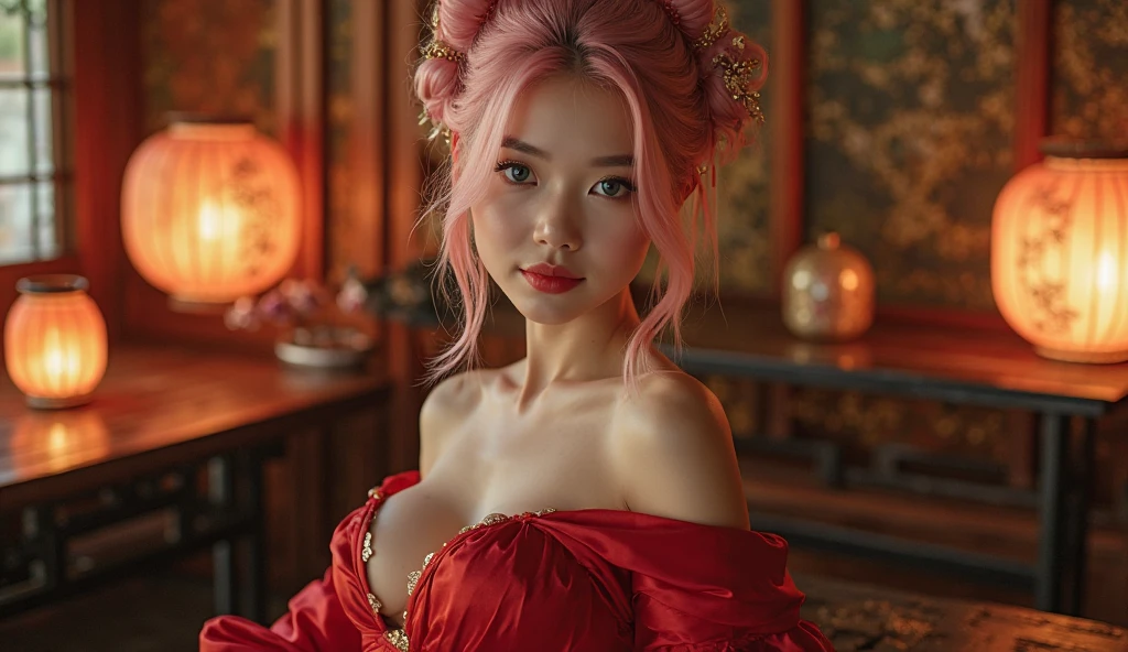 Detailed faces, Clear face, Beautiful Girl, Korean makeup, Red lips, Platinum hair, medium body, big breasts, thigh, Chinese fairy costume, Antique, sexy outfits,Yellow costume, Mid-Autumn Festival decoration, moon background mode.