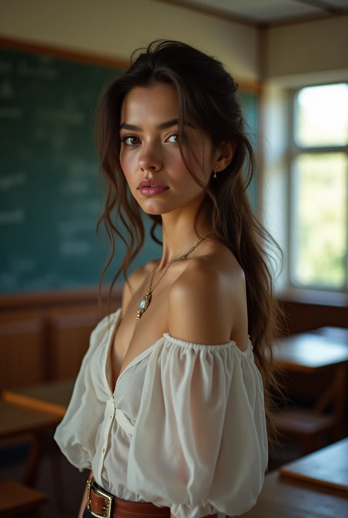 A beautiful detailed half naked female teacher, amazing detailed facial features, extremely detailed eyes and face, longeyelashes, detailed skin, beautiful detailed lips, elegant pose, history classroom setting, detailed wooden desks and chairs, old fashioned chalkboard, dimly lit, moody dramatic lighting, cinematic, muted earthy color palette, (best quality,4k,8k,highres,masterpiece:1.2),ultra-detailed,(realistic,photorealistic,photo-realistic:1.37),dramatic lighting,cinematic angle