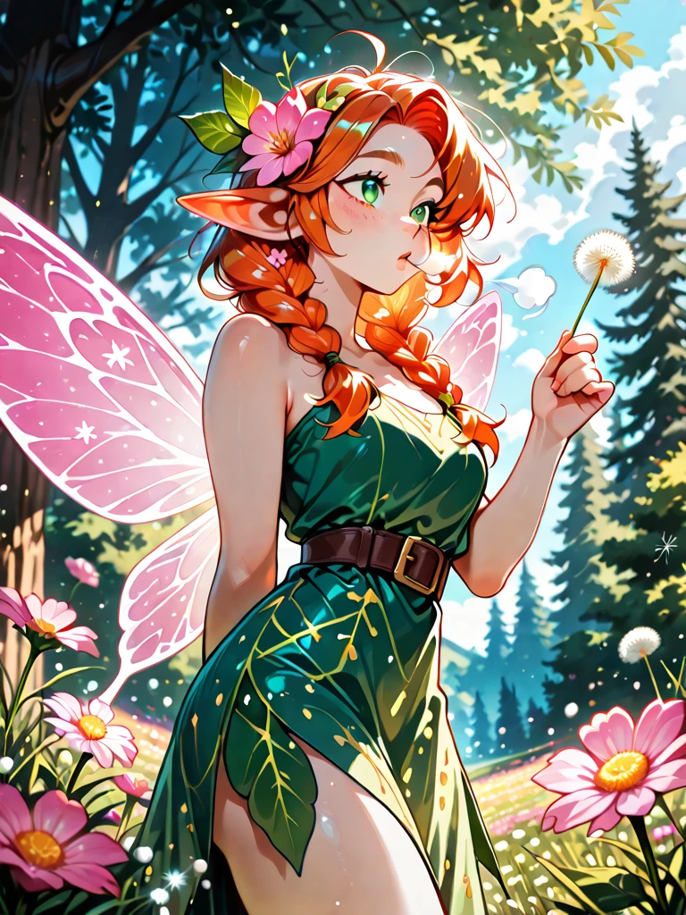 (masterpiece, best quality), 1girl, solo, betilla , fairy, black eyes, red hair, long hair, freckles, large breast, cleavage, green dress, green hat, wings, smile, magically colorful flower garden field, nighttime, moonlight, <lora:betilla:0.7> <lora:whale_aluminium:0.6>