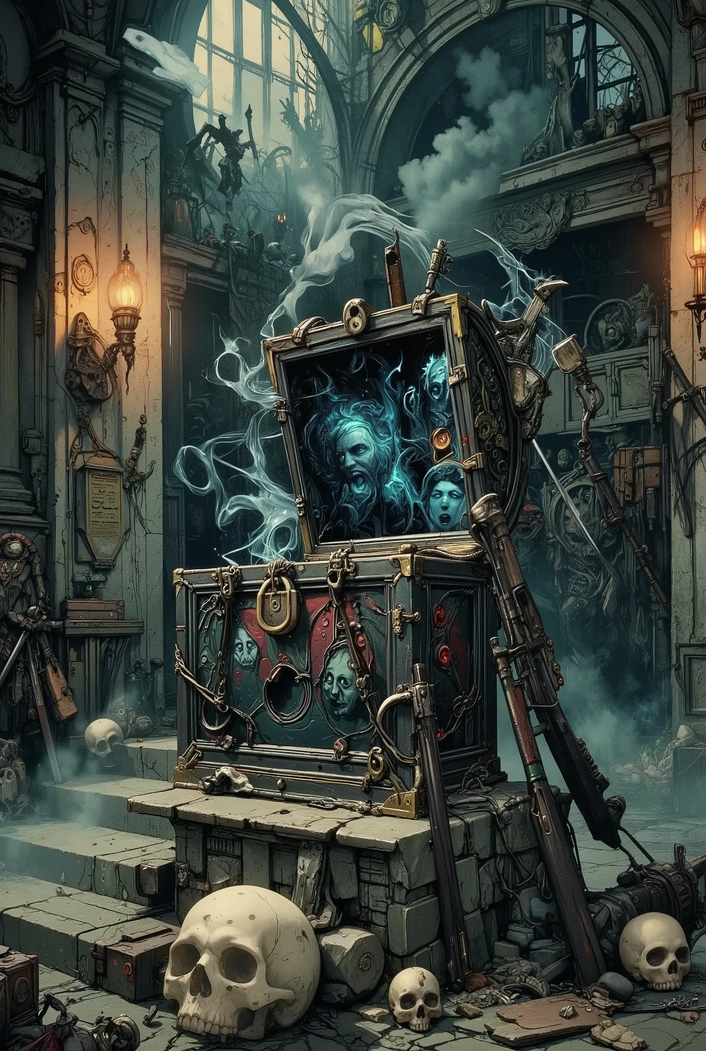 A highly detailed illustration in the style of a gloomy fantasy depicting the mysterious box of the Warlord of Despair — a jagged Obsidian chest covered with carved, highly polished images of screaming faces and locked with broken shackles. The box stands on a ruined stone altar in a ruined military temple, surrounded by white skulls, broken weapons and dying torches. Faint crimson runes pulsate on its surface, and blue smoke oozes from the seams. The air is filled with fog, and ghostly whispers appear as indistinct text floating nearby. Hyper-realistic textures, spectacular lighting, and a sense of impending doom. An art style inspired by Dark Souls and H.R. Giger.