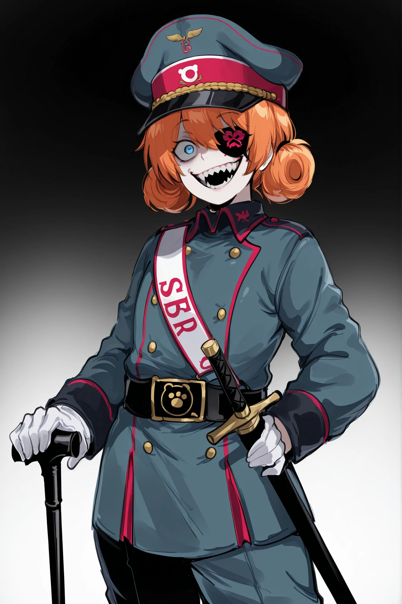 score_9. score_8_up. score_7_up. score_6_up. , score_5_up. score_4_up, BREAK, best quality, masterpiece, hyperdetailed, 8k, hd, absurdres, perfect, very aesthetic, absurdres, newest, kurenaiz, 1girl, girl, a young looking girl, girl focus, flat chest, orange hair, blue eyes, crazy face, eighteenth century fashion, imperial russian, dark-grey blue military uniform, bear symbol on outfit, scabbard with saber on the belt, officer's cap, eye patch, cane
