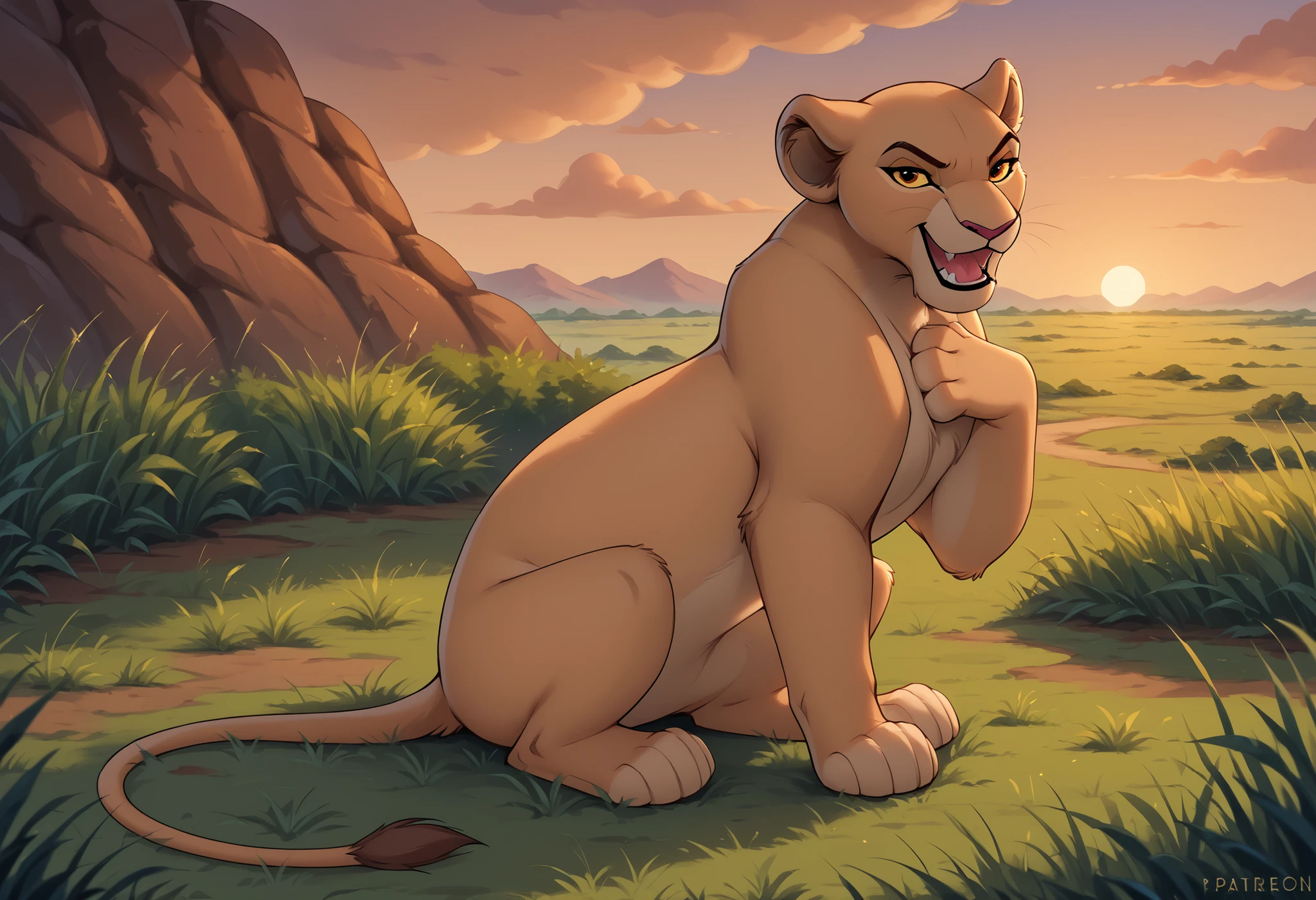 solo, Lioness, Feral, smile, open mouth, tongue, sharp teeth, grin, (looking at viewer, sitting, africa, sunset, grass, front view, detailed background, full body, narrowed eyes, 4 fingers, paws, hand on own chest, angry, side view