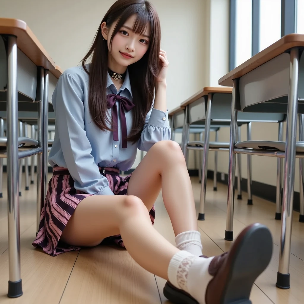 1girl in,8K, Raw photography, top-quality, ​masterpiece, realisitic, Photorealsitic, A smile, Schoolgirl Uniform, cute little，High School Classroom, The upper part of the body,Squatting