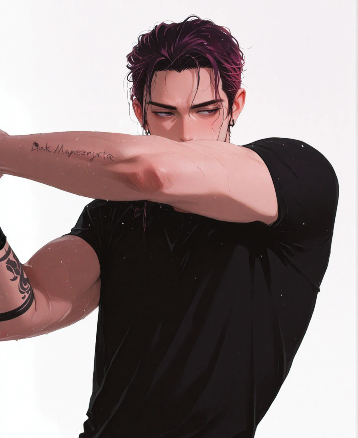 Young boy with no muscles, black curly hair, simple black clothes, covering his face with his hands with delicate tattoos, only his eyes show.