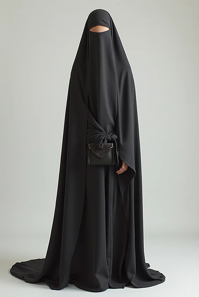 A beautiful Asian girl in a long hijab with tight and clearly visible breasts, In tight black clothes, was raising both hands , and good quality images