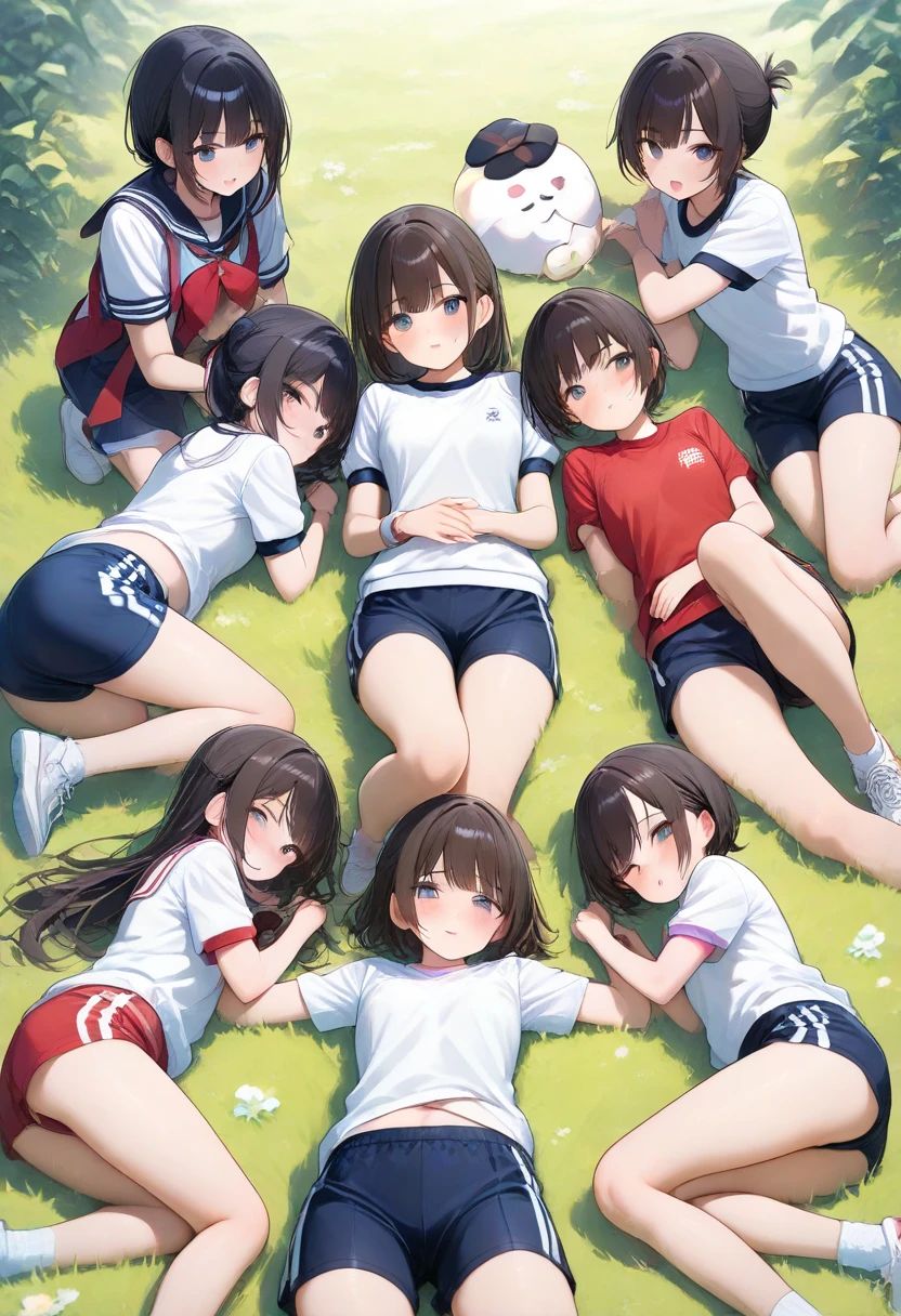 3 girls 7 years old anime, The pussy is clearly visible, Very thin, flat chest, thin waist, narrow hips, naked on the sports ground, Squat, Group photo, urination, писают, shame, fear, horror in the eyes
