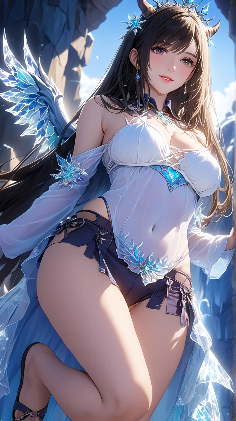 1Woman milf “"Giant breasts" + "large rear" + "wide hips" + " tiny waist" + "plump thighs" + "blue eyes" + "Black eyeliner" + (("shy expression")) + "Longcurly light brown color Hair" + "Red Lips" + "Lucious Lips"”)}, {“Outfit”: Seraphim white magic dress, magic fan weapon, white wings transparent, halo, Clouds, sun, Little wings on the head}).