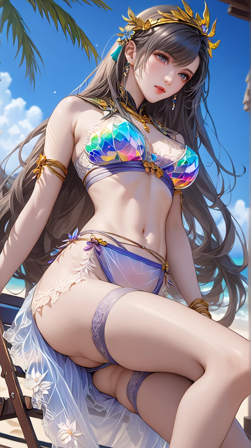 Girl with long hair, black, blue eyes. With big breasts, slim with hips and ass. Dressed as a Cingara dancing with a tambourine barefoot