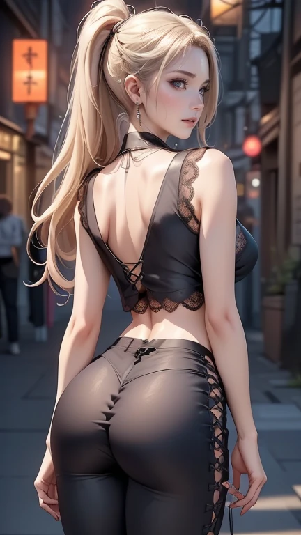 アニメ, beautiful face, high-detailed face, (2 precise legs:1), detailed pink eyes, highly detailed background, perfect lighting, Precise Arms, precise hands, Precise Fingers, 1 girl, standing alone, Ruby Hoshino, oshi no ko, Inside the house, JUMPS detailed, beautiful blonde hair, detailed thighs, absurderes, high resolution, ultra-sharp, 8K, work of art, gazing at viewer, provocative smile, break (detailed black sexy body stocking:1.3), (intricate all lace:1.6), (beautiful black heels:1.3) (transparency:1.8), (opening the legs:1.2), (back view:1.2), ass view, looking back over his shoulder