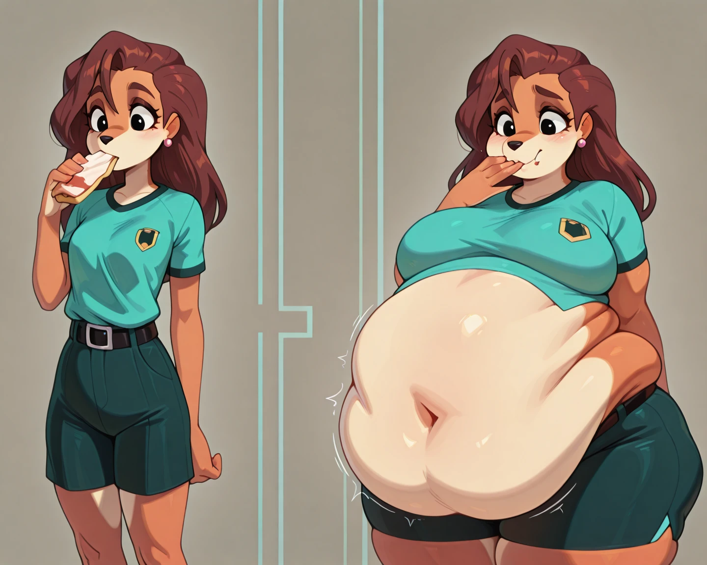 (8K, raw photo, Best quality, Masterpiece:1.2), (Intricate details), perfect eyes, Perfect face, perfect lighting, Beautiful, (Masterpiece:1.2), (Best quality:1.2), 1 girl, only, Alex, glasses, Brown eyes, happy face, Place of beauty, adult torso, plump and moving belly, Inside the stomach, you have her friends moving in her stomach belly, 17 years old, Medium breasts, (jeans, red t-shirt), holding a milkshake, cowboy shot, 3dmm