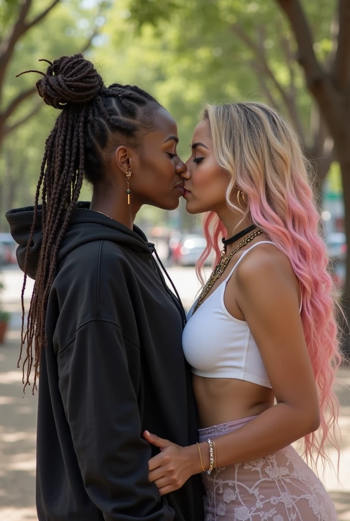 a photograph of one white blonde girl with one black girl, erotic posing on streets, lesbian, (kissing), 2girl, (pride parade:1.1), detailed faces