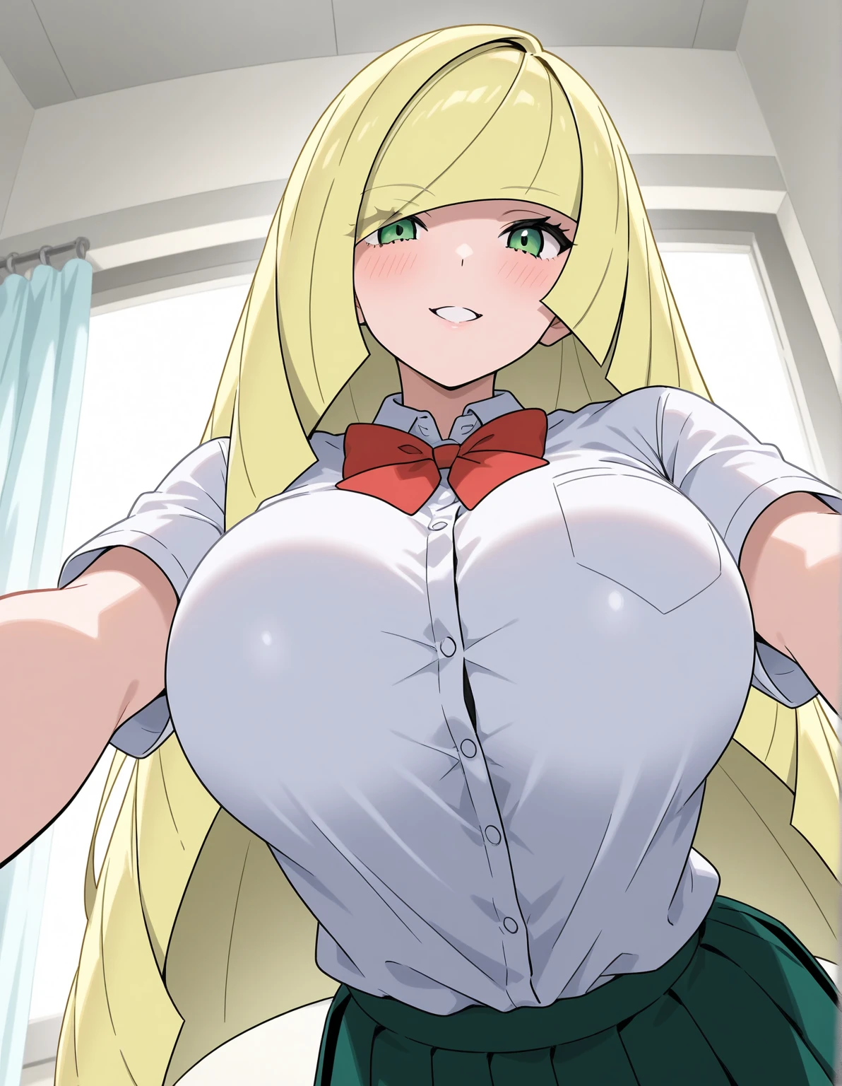 A teenage girl Sexy youth beautiful attractive beautiful big breast long yellow hair manchon forehead pink bow her green eye dresses white blouse tied knot shows navel curve wide sexy and her green skirt short black heel