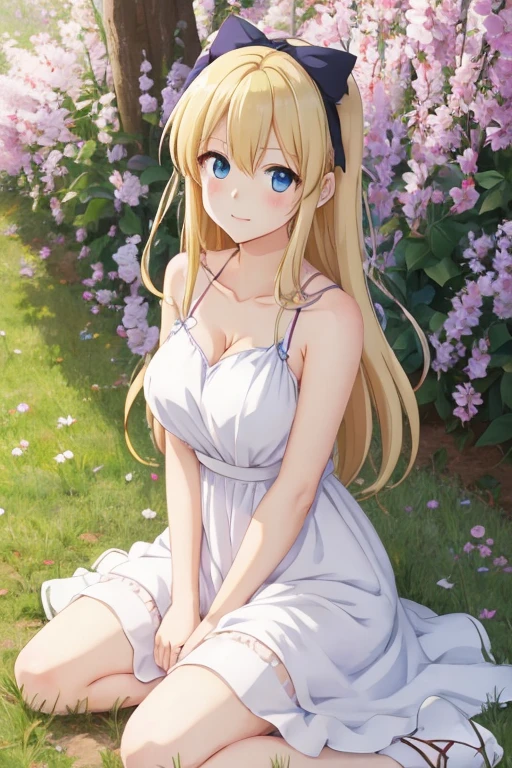 masterpiece, best quality, highly detailed, ultra high res, ayase arisa, 1girl, solo, hair ornament, long blonde hair, glossy lips, medium breasts, aqua eyes, wedding dress, light smile, elbow gloves, garden, necklace, kneeling, from above, (skirt spread around her)