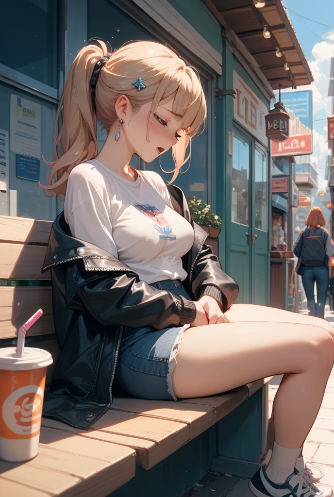 Create a scene featuring a cheerful young girl sitting in a café during the morning. She's wearing a pair of oversized headphones on her head and dressed in an oversized hoodie and leggings. Her style is inspired by anime characters, emphasizing happy expressions and distinctive details characteristic of this drawing style.