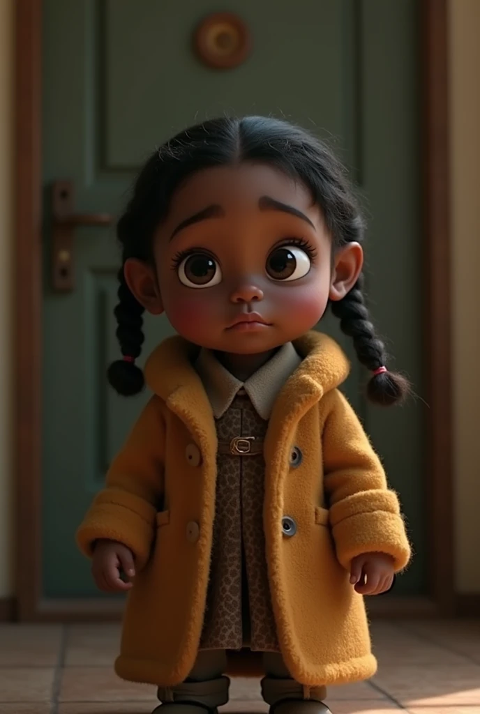 Realistic scene with a little black girl with curly afro hair having a red bow on the right side of her hair, dressed in a green sweater adorned with a festive red pattern. The setting is intimate, with wooden panels softly blurred in the background, suggesting a comfortable, indoor space. Fingers & thumb slightly visible at the bottom.