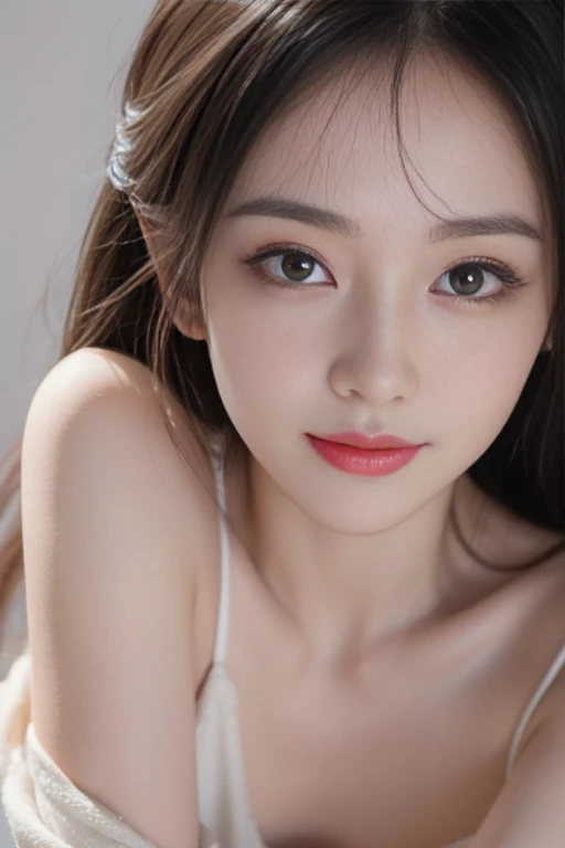 (8k, Raw, Top Quality, Masterpiece: 1.2), (Realistic, Photorealistic: 1.37), Ultra High Resolution, One Girl, Cute, Alone, View Alone, Top Quality, Masterpiece, 8k, droopy eyes, big breasts, beautiful breasts, plain background, showing cleavage, sexy swimsuit, smiling, highly detailed face, highly detailed lips double eyelids, elaborate details and subtle glow, shoot her in a pose that reflects both elegance and confidence, enhance the visual effect with cinematic lighting. Use modern 2D design for the background, creating a beautiful, balanced composition. Enhance the scene with elements such as depth of field, bloom effects, and a touch of sparkle, adding a dreamy texture to the overall image. Pay close attention to detail