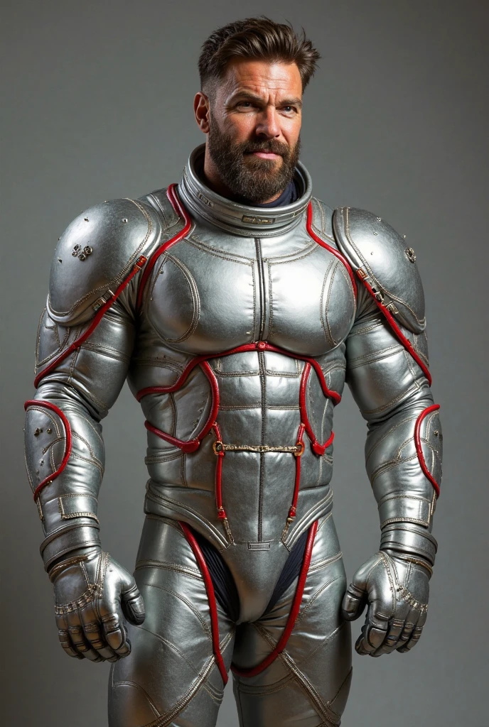 (handsome mature man), (50 yo), white man, wearing a white speedo, wet speedo, dripping wet, bulge, (beefy:1.3), beard, looking at viewer, beautiful man, detailed eyes, symmetric face, smirk, robust, graying hair, sci-fi setting, on an alien planet, exotic alien foliage, wearing a pilot helmet(white), x-wing pilot heet, neon colors, stars visible, futuristic orange latex armour (see-through!), orange armor, neon lights on armour, elbows pads, alien tentacles, kneepads, cool futuristic belt, graying beard, holding a light saber, battle pose,