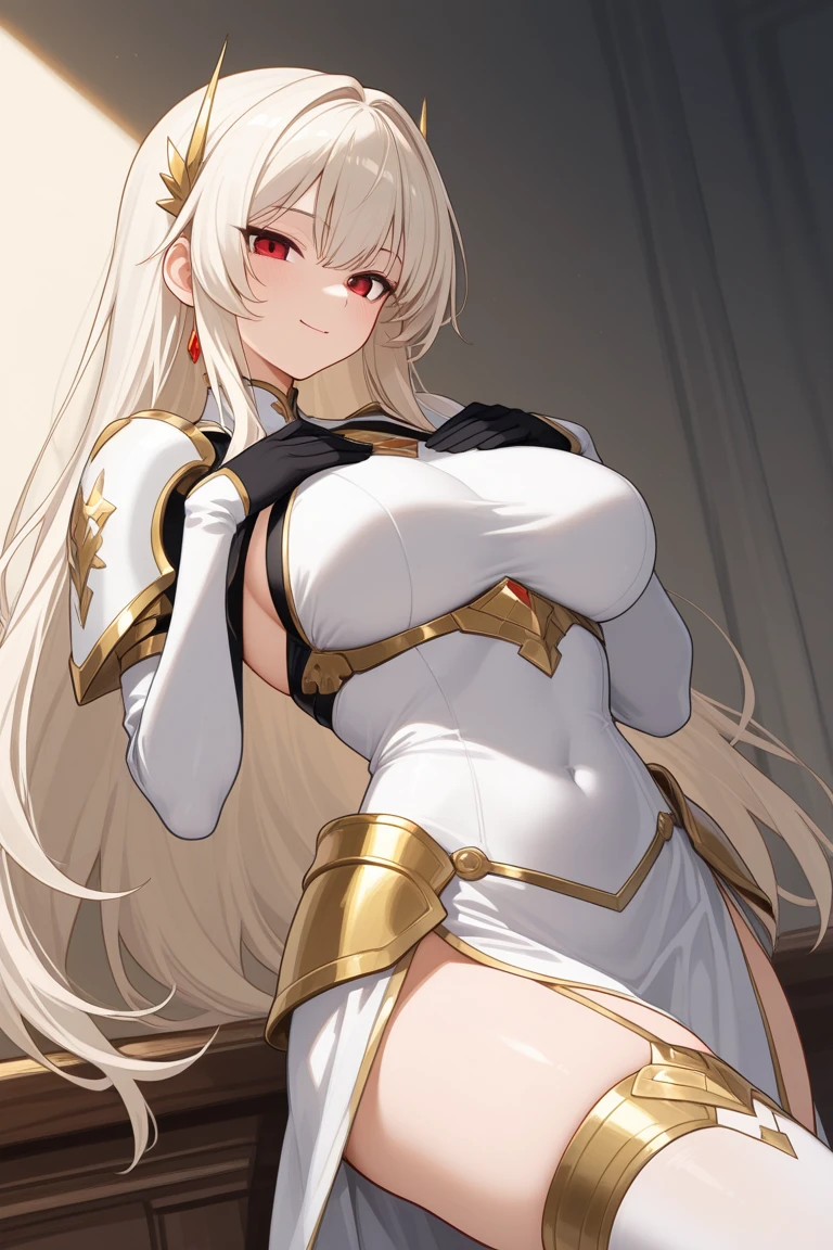 (masterpiece, best quality), Intricate details,
1 Girl, freeze, Long hair, Pointed ears, jewelry, earrings, Double tail, Parted bangs, Rockets,Rockets uniform,White skirt,crop top,Black knee socks,Black elbow gloves,(Sagging breasts、Cleavage, cleveage、Thick thighs, Perfect body, ))