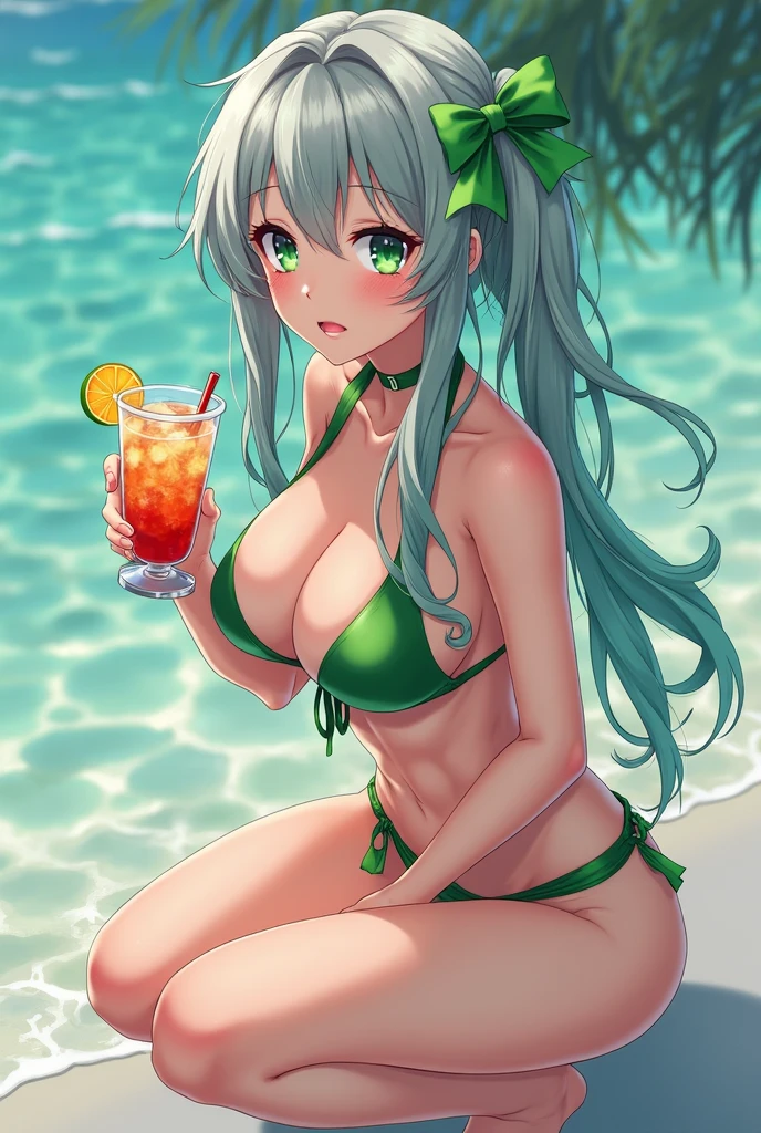 High resolution, high quality, One girl, Anime Girls, dark green hair,middle hair,ponytail,green eyes, Green glasses,heart shaped pupils,Glowing Skin, Large Breasts,beautiful breasts,pointy breasts,Big Ass,beautiful ass,Embarrassed,blue stripe swimsuit,Back Pose,lower body,sweat,wet,squatting,(open legs),arms behind head,at Beach,(Kiwi juice),(lemon juice),(orange juice),(Pineapple juice),(Mango juice),(water),
