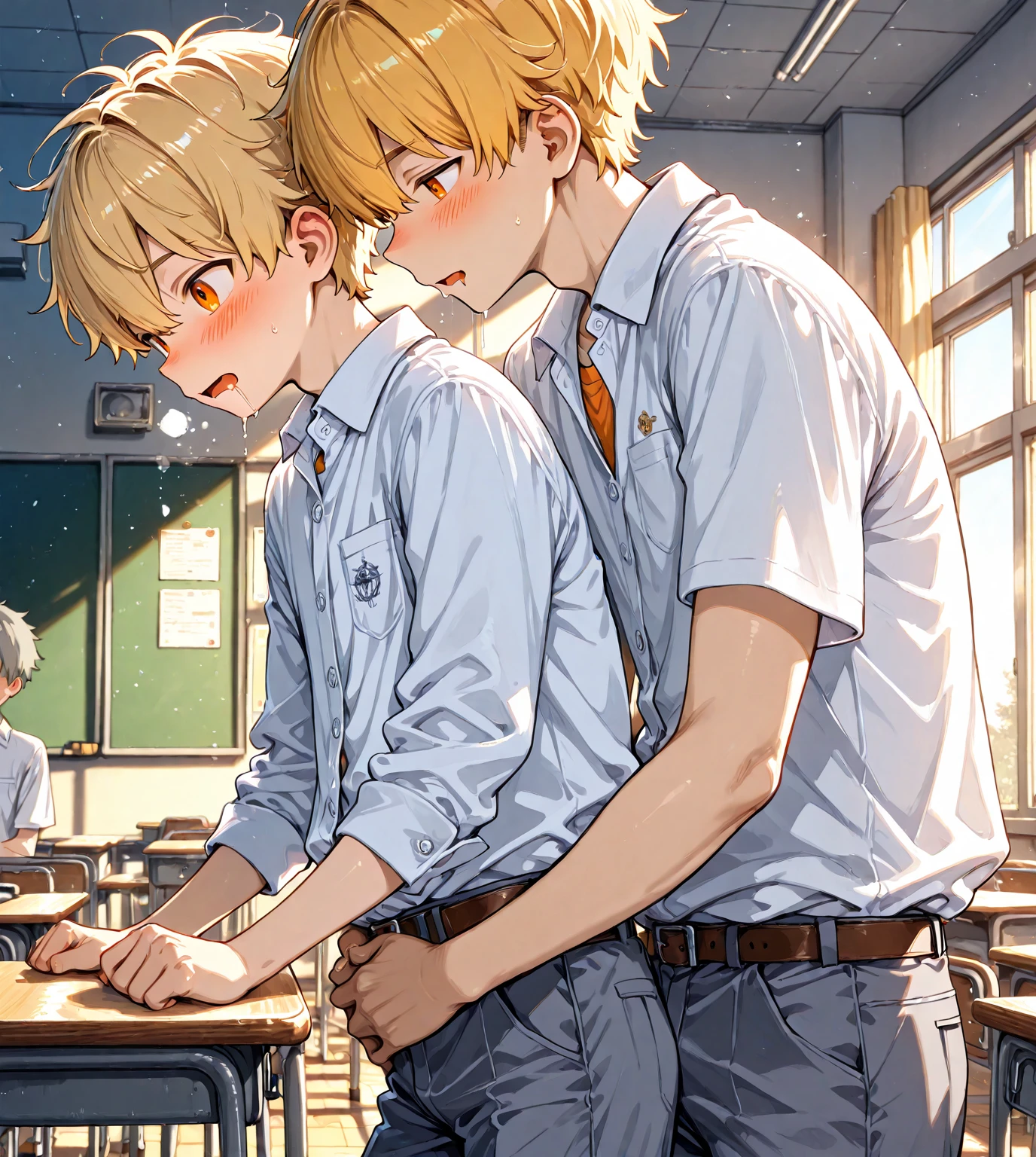 (score_9,score_8_up,score_7_up,score_6_up,score_5_up,score_4_up, source_anime), 8k, best quality, best lighting, BREAK, 2boys, toned, school dress shirt, tie, (the other was pulled one's bottoms down from behind: 1.5), ((veiny arms)), penis, (tight foreskin: 1.7), flaccid, testicles, under hairless, (surprised: 0.8), (embarassed: 0.8), male focus, male face, wide shot