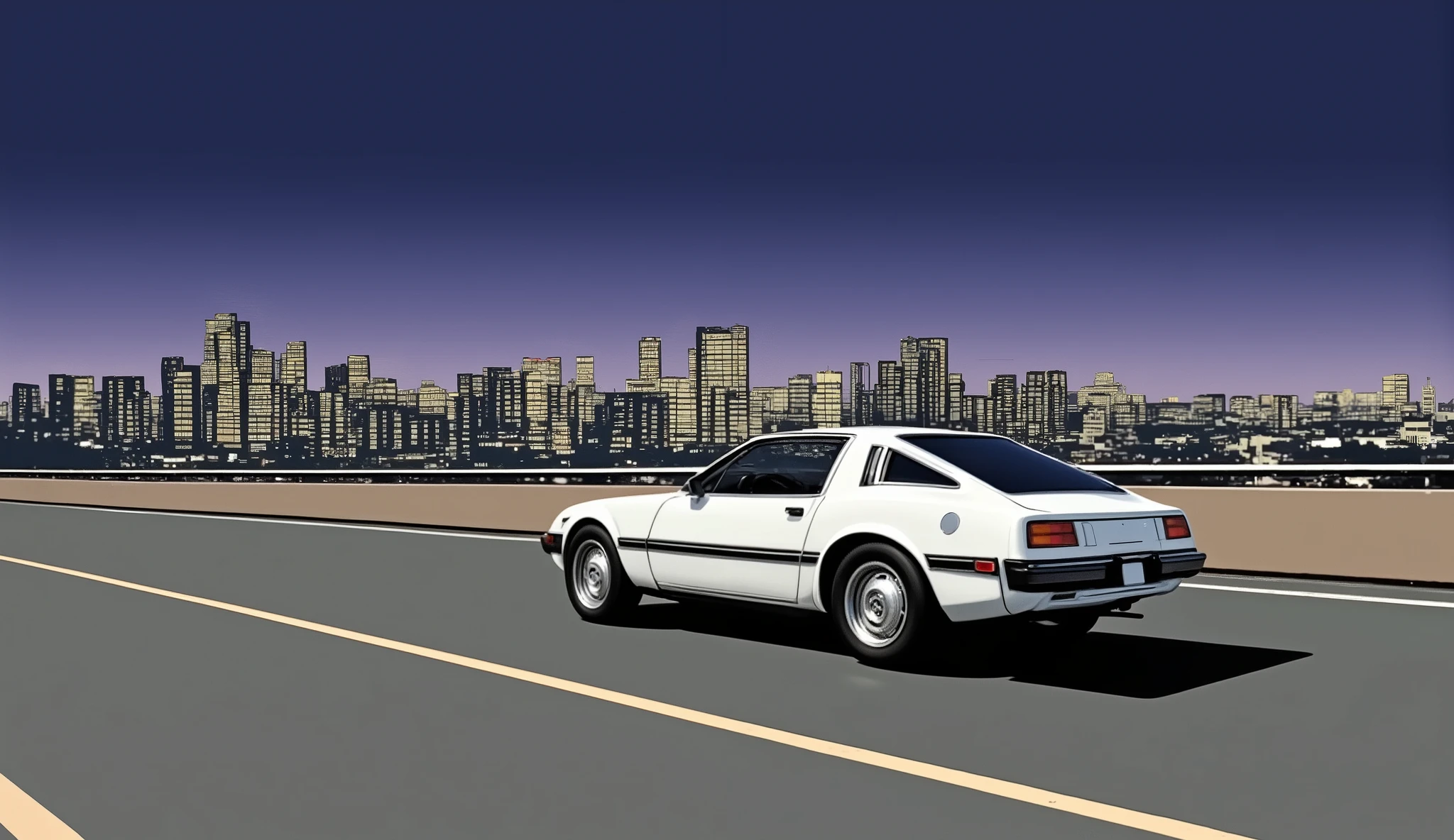 Mazda、SAVANNA RX-A22C(FB)、white body、night、highway where I can see the city's neon lights、I'm running on the