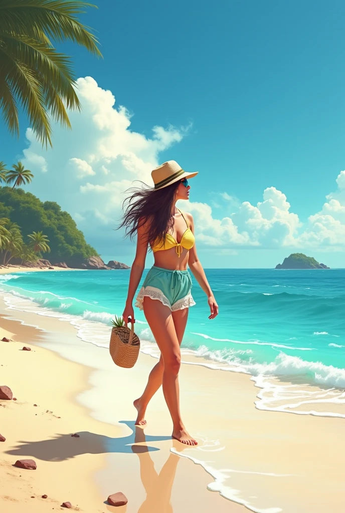 Spectacular photo of a sunset on the beach where a beautiful woman wearing sunglasses, straw hat and swimsuit enjoys the moment. surreal, beautiful face,intricate, hyperdetailed Settlers paradise , concept art, smooth, sharp focus, illustration, by Alex Horley and greg rutkowski --auto