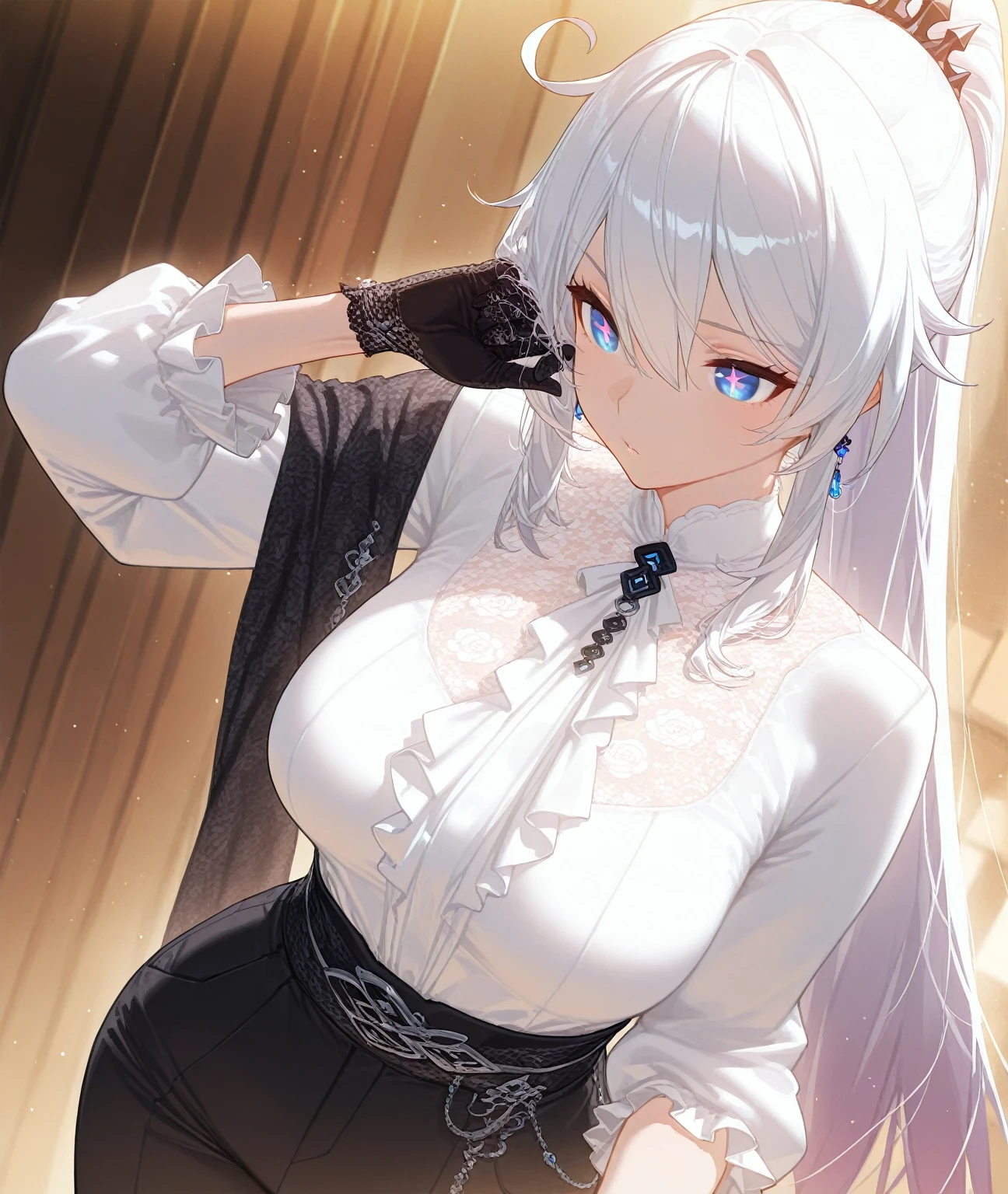 best qualtiy，tmasterpiece，The is very detailed，4K，Gray hair and shallow eyes，Drag cool expressions，Wolf ears，Erect scar on the left eye，British style，1girl，Absolutely beautiful, huge breasts, white costume, ear ribbon