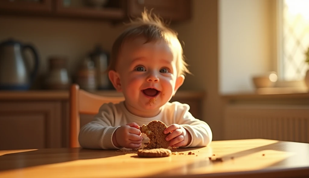 Create UHD photorealistic realistic photo, no animation, no 3D image, no Pixar style animation, no extra fingers. 18-month-old French boy with chubby cheeks, sitting in a high chair, eagerly reaching for a plate of croissants. Canon EOS R5, 50mm f/1.2 lens, shallow depth of field. Soft, warm lighting. Professional family portrait style.