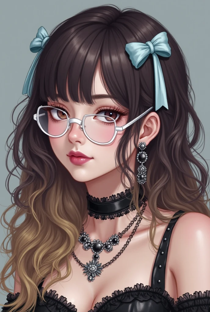 Create a 2D adult avatar with a pink and black outfit, with silky, medium-length, dark brown hair, wearing black glasses and with excessively cute and pink makeup, Also add cute and adorable accessories