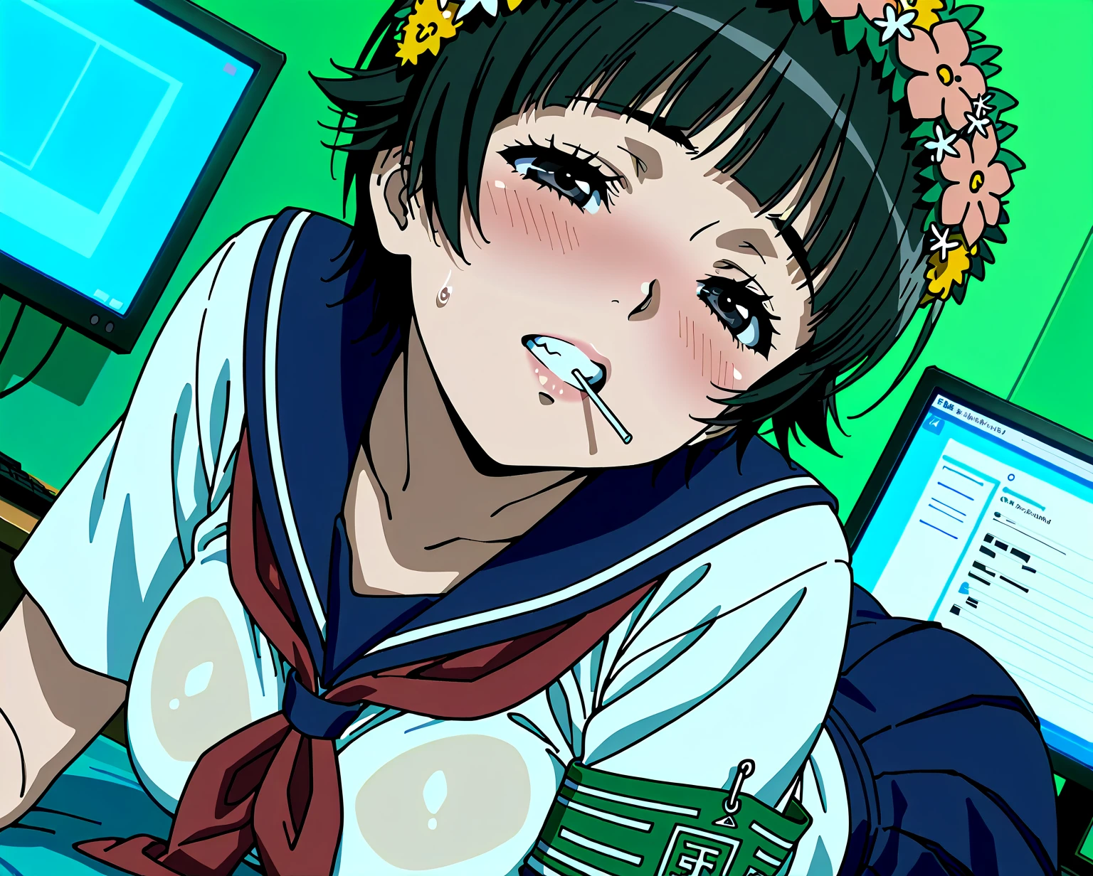 nsfw,(super fine illustration,8K CG wallpaper,best quality,extremely detailed,ultra high res,best aesthetic),(cowboy shot,from front),idolmaster, {{{chie sasaki}}}, (14yo, beautiful girl),(beautiful brown eyes), (beautiful black hair), ((((short hair)))), ((bob hair)),(wet hair), (wet skin), (sweat), (steam), (flat chests,small breasts),((slender)),(elementary school uniform:1.5),(open clothes),(((nudity:1.5,topless:1.4,bottomless:1.4,expose breasts, breasts out)),((((pubic black hair:1.1))),(looking at viewer),(kupaa:1.5),((cum on Face:1.9)),((cum on body:1.9)),(cum on pussy:1.9),(cum shot),(feel good), (blush),(((multiple boys, peeing on a girl,multiple penises, gangbang))),((ecstasy)), saliva trail, nose blush,(one eye closed:1.5),((out tongue:1.5)),(intense Sex:1.6), (cum out:1.3),((steam)),outdoor,((park at night)),(sitting grass), (embarrassed),((one eye closed)),(open mouths),((tongue out)),(Kamimei)),(happy smile:1.5),((vaginal penis:1.3)), testicle, (a man:1.2), hetero, (((lady sit astride on man:1.3))), (((carring sex))),((pov))), ,(((bukkake:1.5))),(look at viewer),(peace sign:1.5)