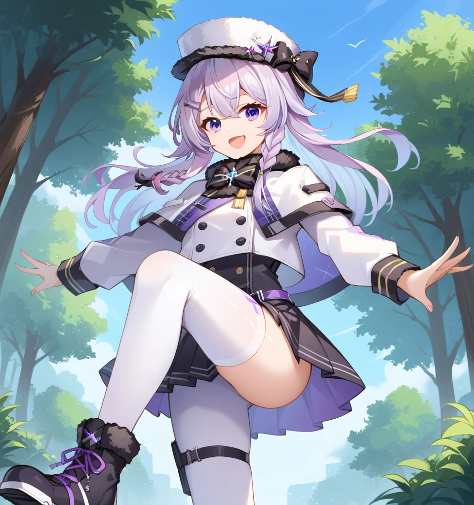 (hyper extreme detailed),(masterpeace),(hyper extreme),(photorealistic),CG,1man,1girl, outdoors,   <lora:Valentines_Reward:1> ajax, red eyes, puple hair, black beret, white shirt, black high west skirt, pantyhose, boot,belt,black gloves, pendant,